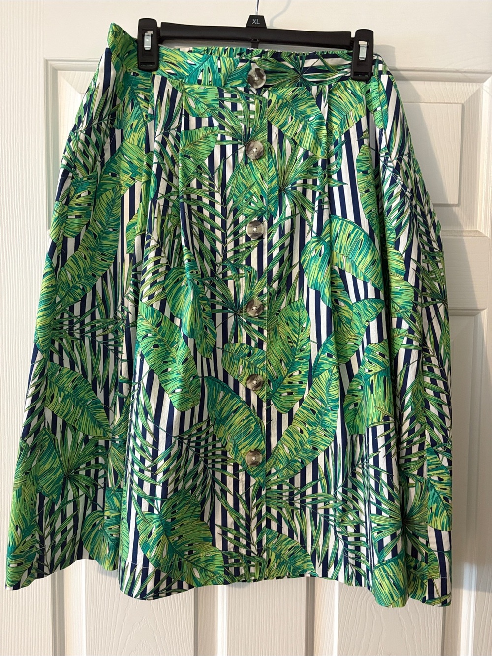 Rafaella Tropical Leaf Button-Front A-Line Skirt - Green